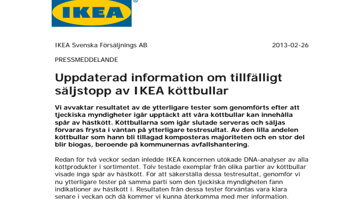 Uppdaterad information om tillfälligt säljstopp av IKEA köttbullar