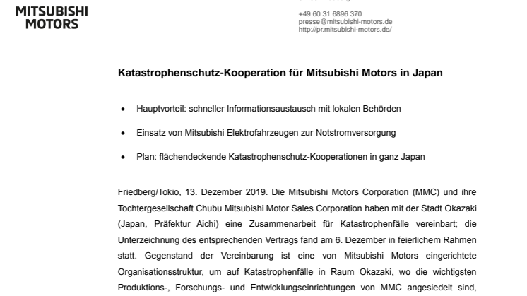 Katastrophenschutz-Kooperation für Mitsubishi Motors in Japan 