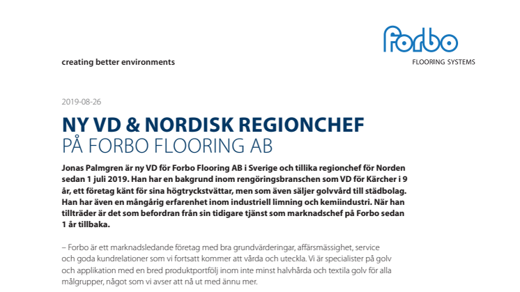 Ny VD & Nordisk regionchef på Forbo Flooring AB