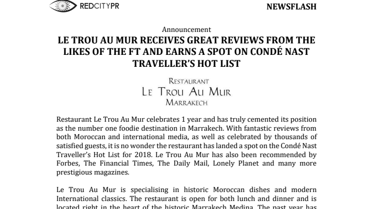 LE TROU AU MUR RECEIVES GREAT REVIEWS FROM THE LIKES OF THE FT AND EARNS A SPOT ON CONDÉ NAST TRAVELLER’S HOT LIST