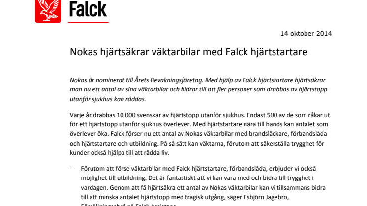 Falck hjärtsäkrar Nokas väktarbilar med Falck hjärtstartare