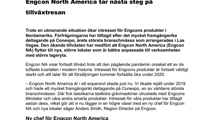 Engcon North America tar nästa steg på tillväxtresan
