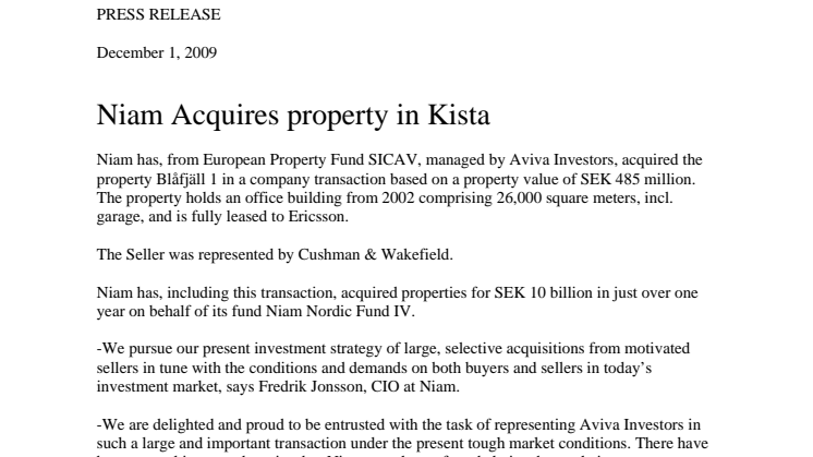 Niam Acquires property in Kista