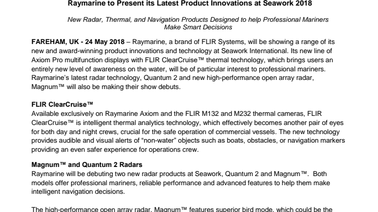 Raymarine: Raymarine to Present its Latest Product Innovations at Seawork 2018