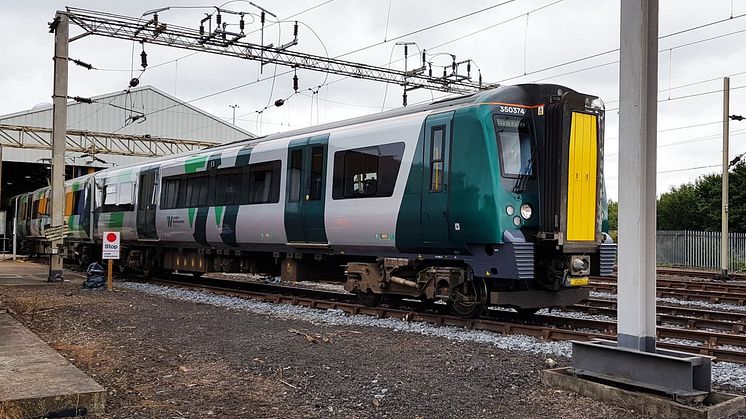 A Class 350 train London Northwestern Railway train leaving Kings Heath depot in Northampton