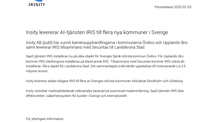 Irisity levererar AI-tjänsten IRIS till flera nya kommuner i Sverige
