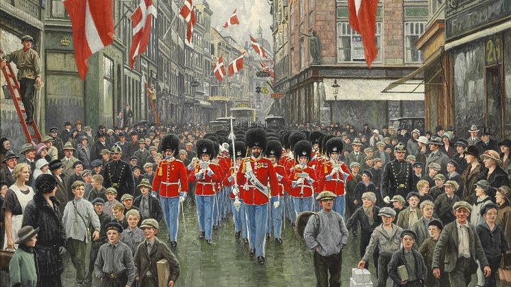 Paul Fischer: “Kongens Fødselsdag. Vagtparaden i Galla trækker op gennem Østergade” (1925)