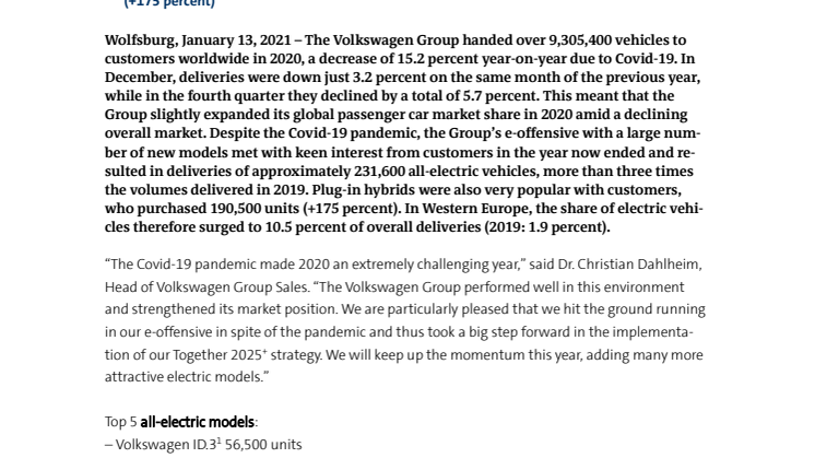Volkswagen Group strengthens market position in 2020 and hits the ground running in e-offensive
