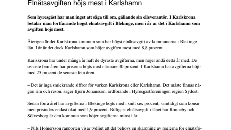 Elnätsavgiften höjs mest i Karlshamn
