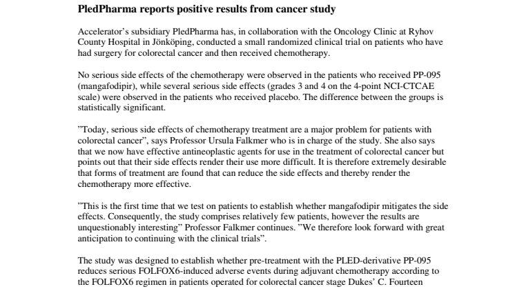 PledPharma reports positive results from cancer study
