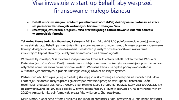 Visa inwestuje w start-up Behalf, aby wesprzeć finansowanie małego biznesu