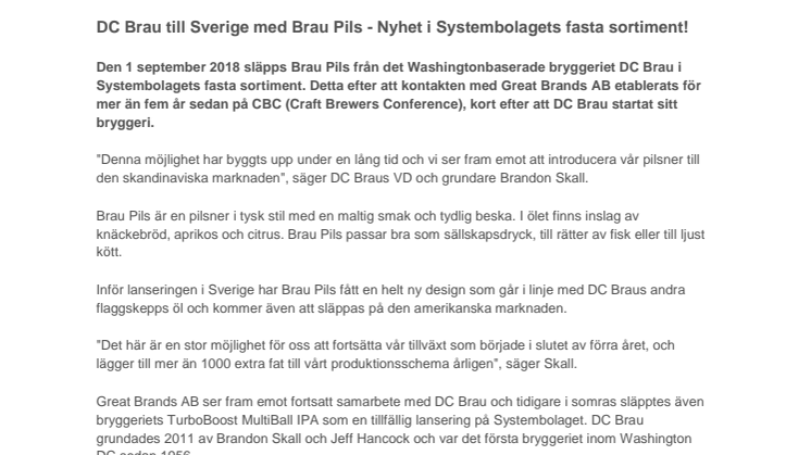DC Brau till Sverige med Brau Pils - Nyhet i Systembolagets fasta sortiment!