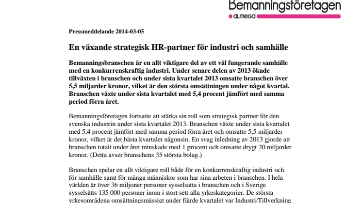 Bemanningsindikatorn Q4 2013 - En växande strategisk HR-partner för industri och samhälle