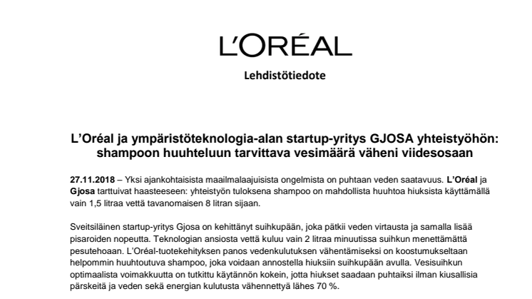 L’Oréal ja ympäristöteknologia-alan startup-yritys GJOSA yhteistyöhön: shampoon huuhteluun tarvittava vesimäärä väheni viidesosaan