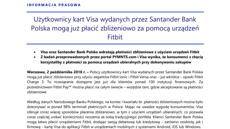Użytkownicy kart Visa wydanych przez Santander Bank Polska mogą już płacić zbliżeniowo za pomocą urządzeń  Fitbit