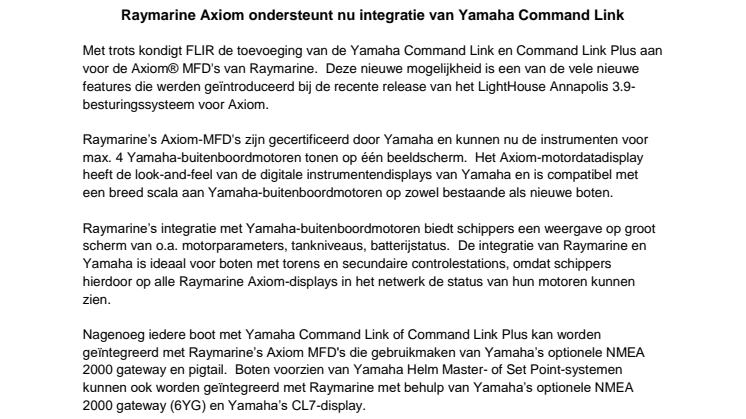 Raymarine Axiom ondersteunt nu integratie van Yamaha Command Link