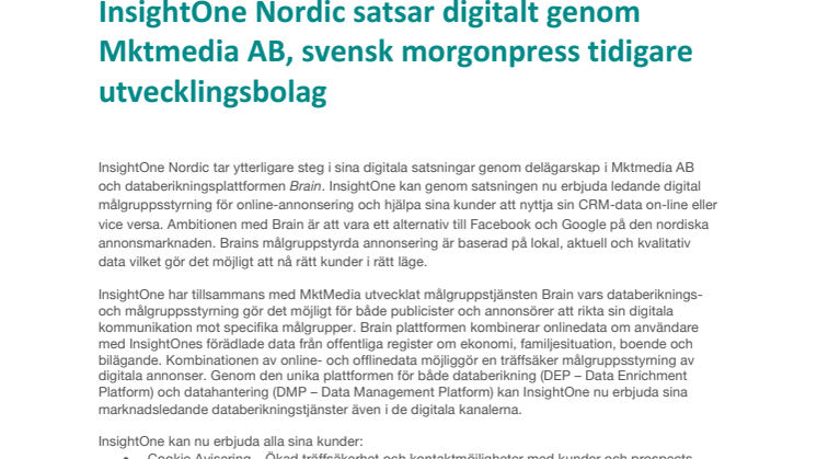 InsightOne Nordic satsar digitalt genom Mktmedia AB, svensk morgonpress tidigare utvecklingsbolag