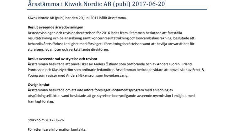 Årsstämma i Kiwok Nordic AB (publ) 2017-06-20