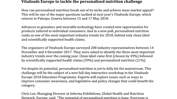 PRESS RELEASE: Vitafoods Europe to tackle the personalised nutrition challenge