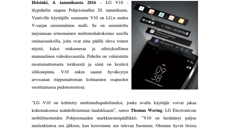 LG V10 -ÄLYPUHELIN SAAPUU SUOMEEN 20. TAMMIKUUTA