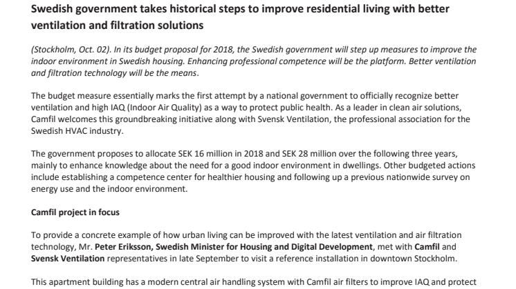 Swedish government takes historical steps to improve residential living with better ventilation and filtration solutions