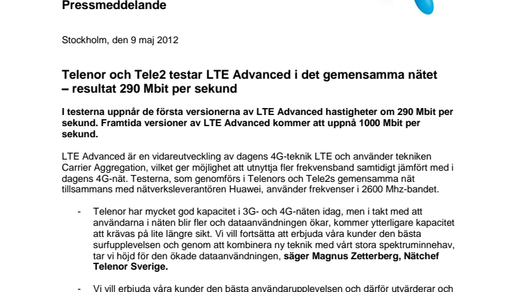 Telenor och Tele2 testar LTE Advanced i det gemensamma nätet