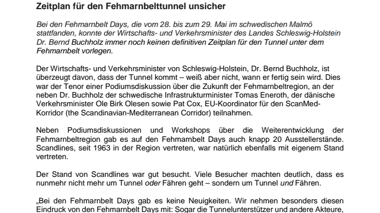 Zeitplan für den Fehmarnbelttunnel unsicher 