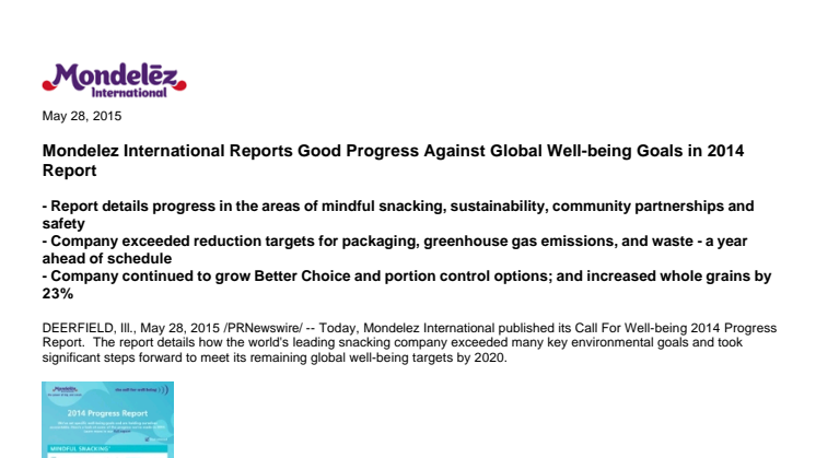 Mondelez International Reports Good Progress Against Global Well-being Goals in 2014 Report