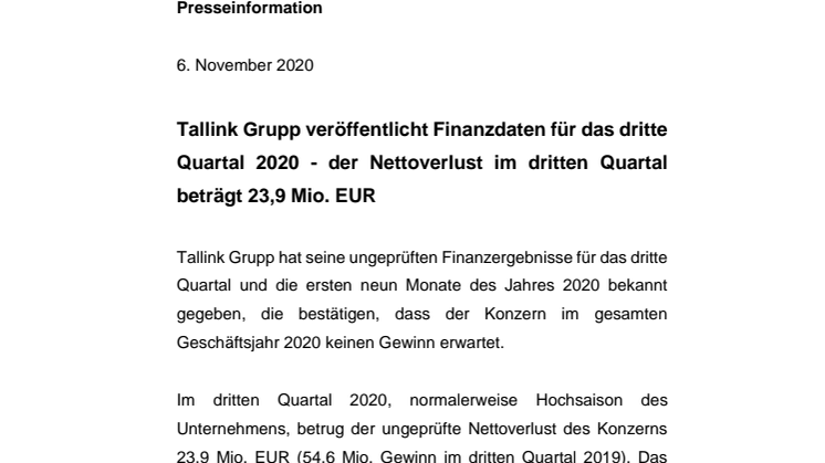 Tallink Grupp veröffentlicht Finanzdaten für das dritte Quartal 2020 - der Nettoverlust im dritten Quartal beträgt 23,9 Mio. EUR 