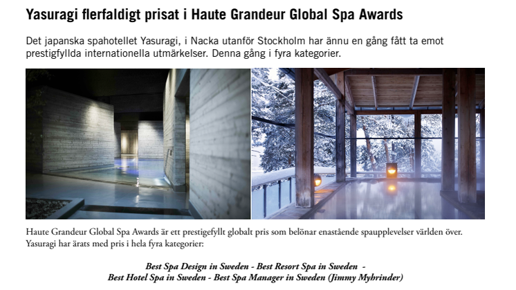 Yasuragi flerfaldigt prisat i Haute Grandeur Global Spa Awards