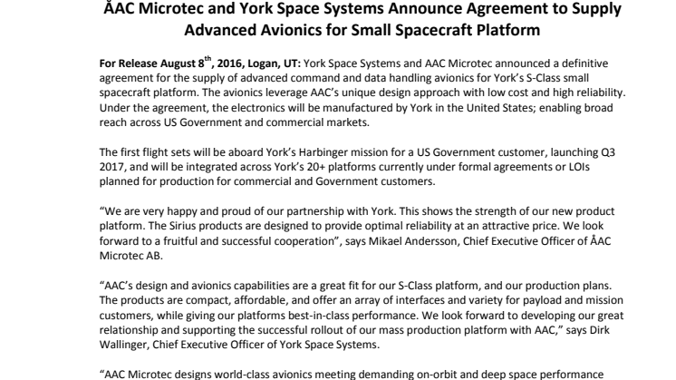 ÅAC Microtec and York Space Systems Announce Agreement to Supply Advanced Avionics for Small Spacecraft Platform