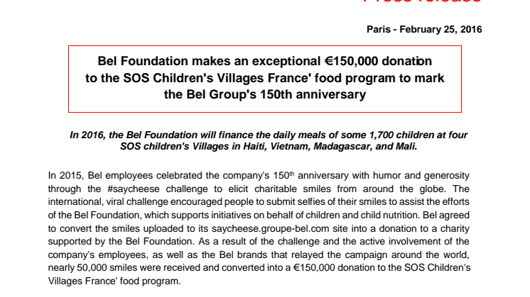 Bel Foundation makes an exceptional €150,000 donation to the SOS Children's Villages France' food program to mark the Bel Group's 150th anniversary
