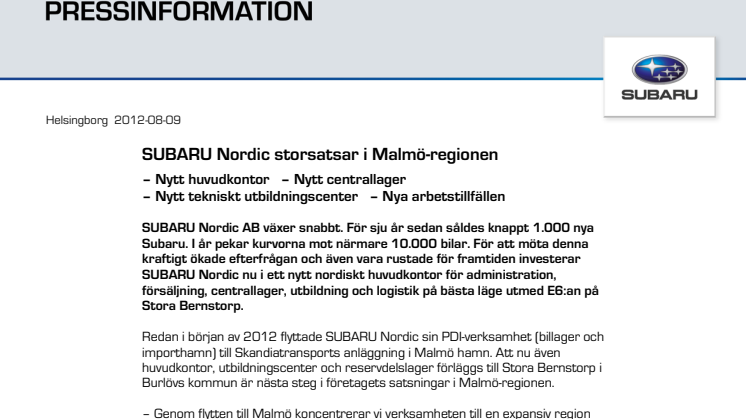 SUBARU Nordic storsatsar i Malmö-regionen