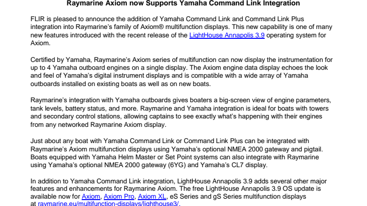 Raymarine Axiom now Supports Yamaha Command Link Integration 