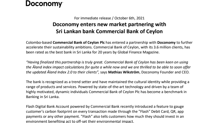 Doconomy partners with Commercial Bank of Ceylon