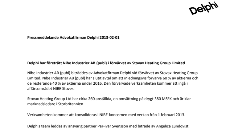 Delphi har företrätt Nibe Industrier AB (publ) i förvärvet av Stovax Heating Group Limited