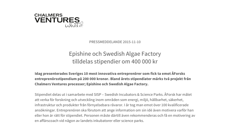Epishine och Swedish Algae Factory tilldelas stipendier om 400 000 kr