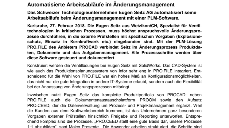 Eugen Seitz AG automatisiert Arbeitsabläufe beim Änderungsmanagement mit PLM-Software