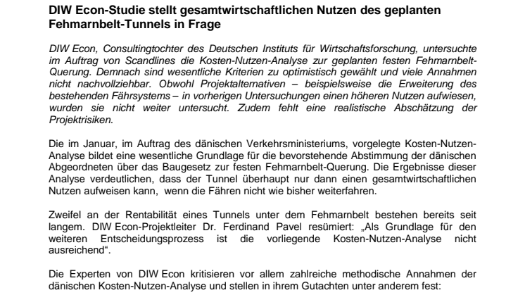 DIW Econ-Studie stellt gesamtwirtschaftlichen Nutzen des geplanten Fehmarnbelt-Tunnels in Frage
