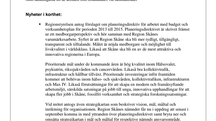 Pressinformation från regionstyrelsens sammanträde i Region Skåne 11 juni 2012