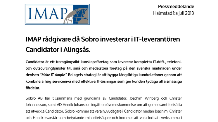 IMAP rådgivare då Sobro investerar i IT-leverantören Candidator AB i Alingsås