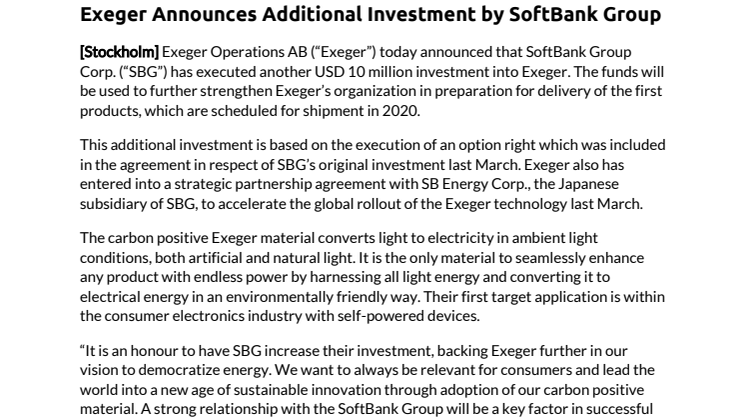 Exeger Announces Additional Investment by SoftBank Group