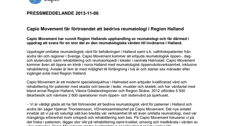 Capio Movement får förtroendet att bedriva reumatologi i Region Halland
