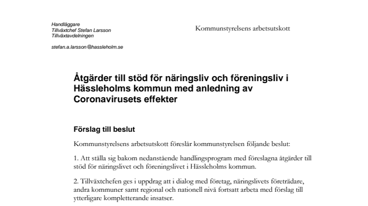 Ärende_Åtgärder till stöd för näringsliv och föreningsliv i Hässleholms kommun med anledning av Coronavirusets effekter 