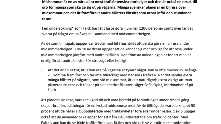 En av tre planerar en bilresa över midsommar och många är oroliga för andra bilisters stress och hets