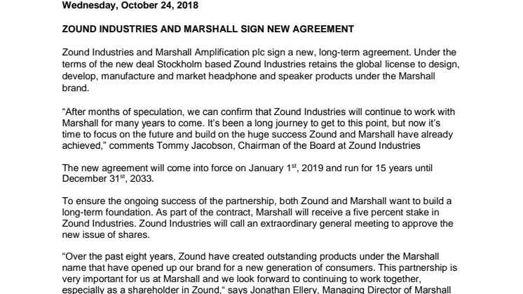 Zound Industries and Marshall sign new agreement