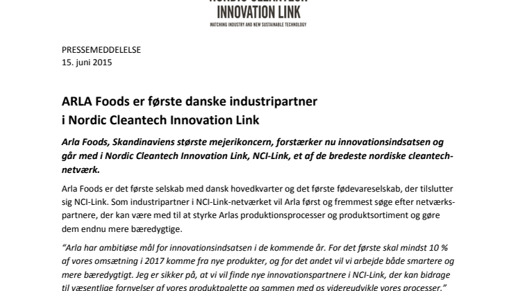 ARLA Foods er første danske industripartner i Nordic Cleantech Innovation Link