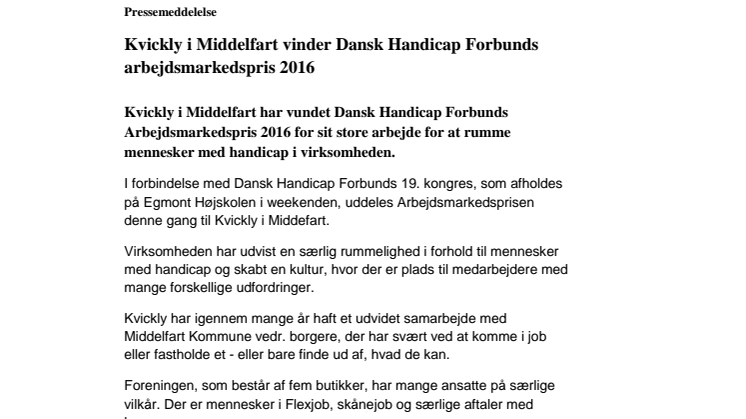 Kvickly i Middelfart vinder Dansk Handicap Forbunds Arbejdsmarkedspris 2016