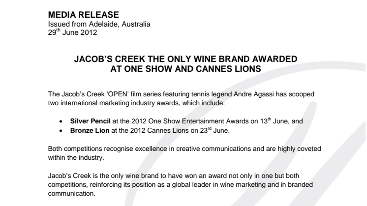 JACOB’S CREEK THE ONLY WINE BRAND AWARDED AT ONE SHOW AND CANNES LIONS