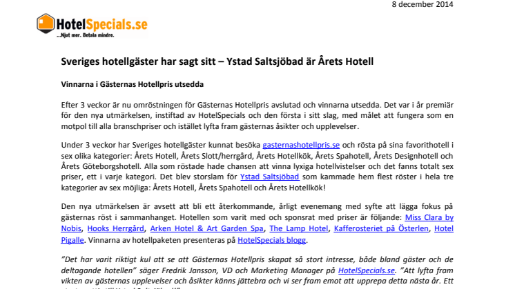 Sveriges hotellgäster har sagt sitt – Ystad Saltsjöbad är Årets Hotell